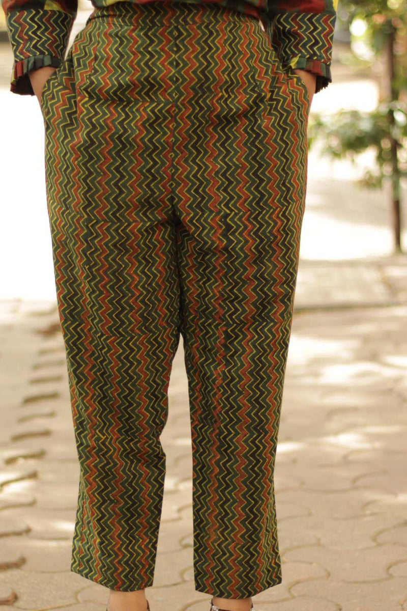 Pranava | Slim Pants | Green Chevron Ajrakh