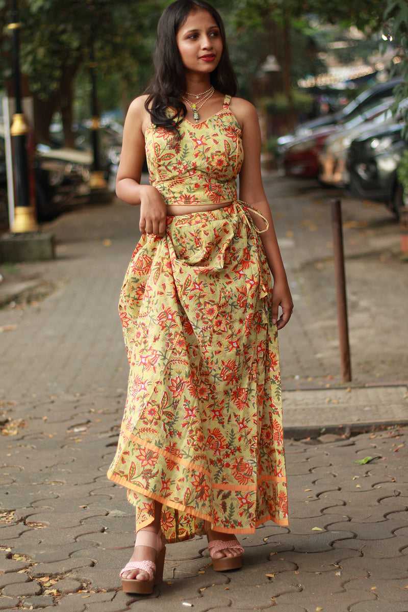 Tarangini | Kalidar Skirt | Sanganeri Floral Lime