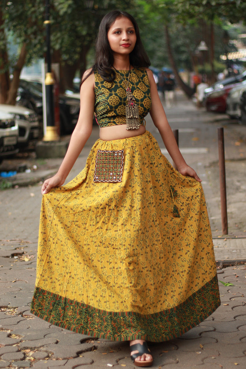 Viharini | Kalidar Skirt | Ajrakh Kali Yellow