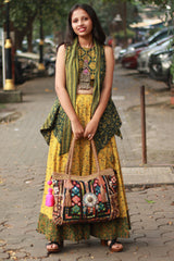 Viharini | Kalidar Skirt | Ajrakh Kali Yellow