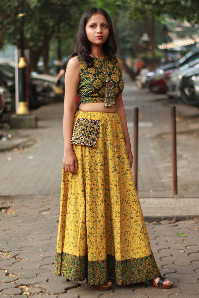 Viharini | Kalidar Skirt | Ajrakh Kali Yellow