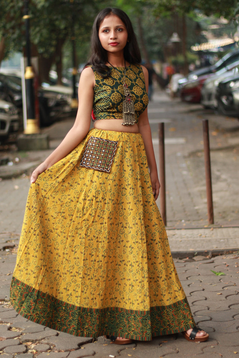 Viharini | Kalidar Skirt | Ajrakh Kali Yellow