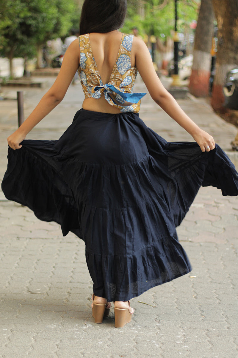 Ghumar| Mul Tiered Long Skirt | Ink Blue