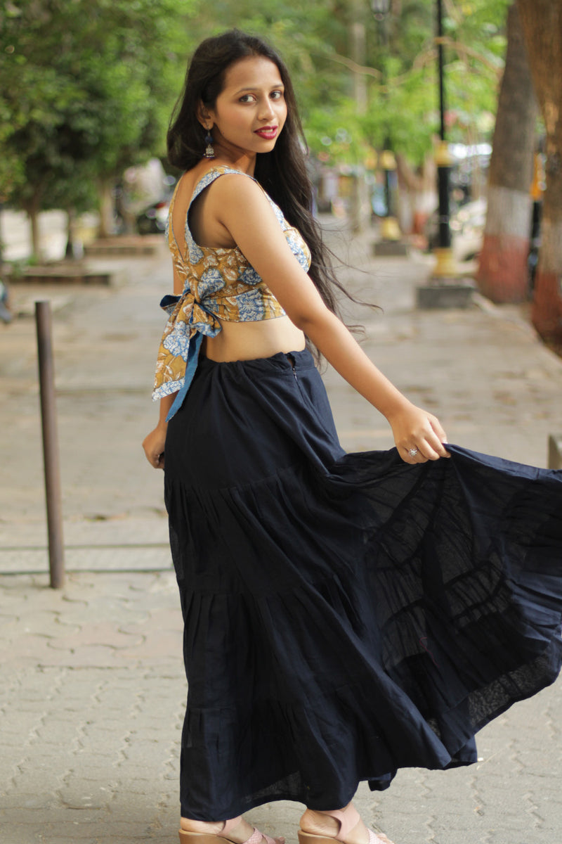 Ghumar| Mul Tiered Long Skirt | Ink Blue