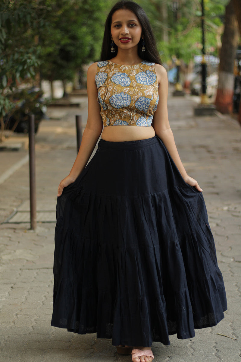 Ghumar| Mul Tiered Long Skirt | Ink Blue