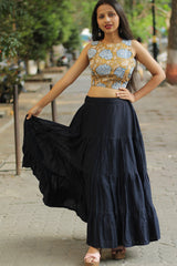 Ghumar| Mul Tiered Long Skirt | Ink Blue