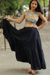 Ghumar| Mul Tiered Long Skirt | Ink Blue