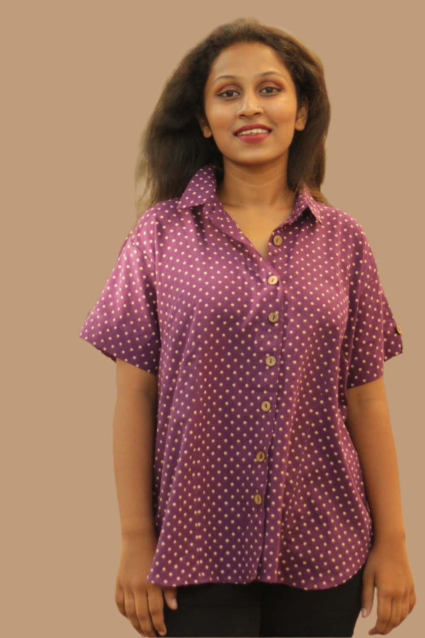 Cotton Shirt in Purple Polka