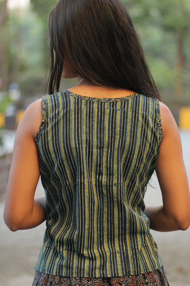 Front Buttoned Vest | Ajrakh Sea Green Universe & Stripes