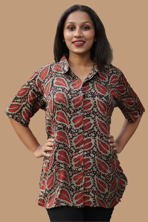 Tara | Ajrakh Modal Shirt | Noir with Red Leaves