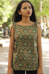 Chanchal | Dori Top | Green Embroidered Ajrakh