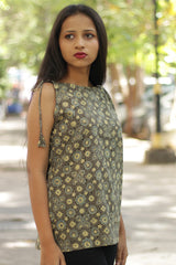 Chanchal | Dori top | Henna Green & Pale Yellow Universe Ajrakh