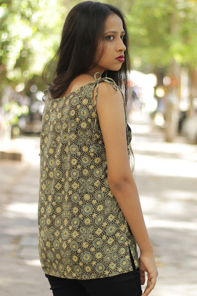 Chanchal | Dori top | Henna Green & Pale Yellow Universe Ajrakh