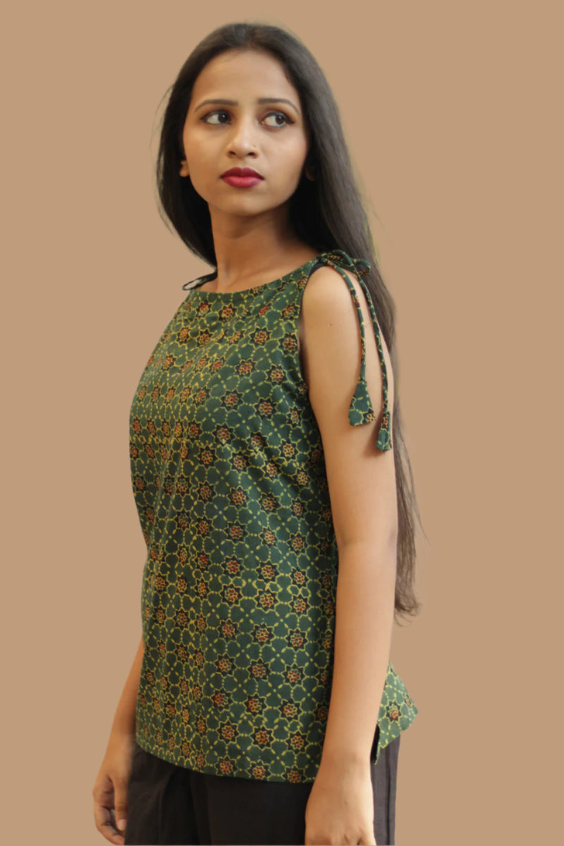 Chanchal | Dori Top | Green Trellis Ajrakh