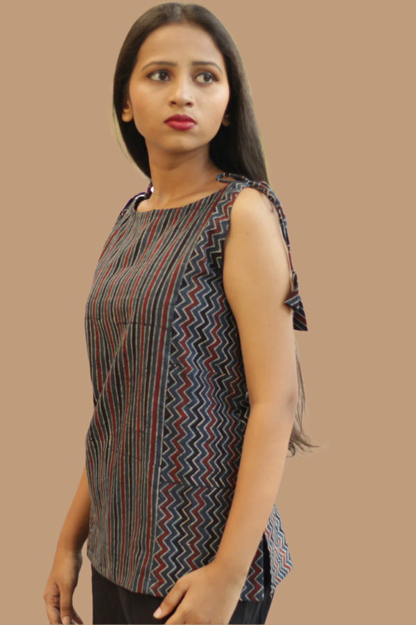 Chanchal | Dori Top | Navy Chevron & Stripes ajrakh