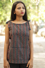 Chanchal | Dori Top | Navy Chevron & Peonies Ajrakh