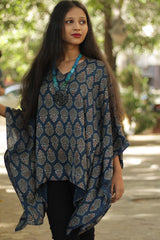 Taarini | Kaftan Modal Silk Top  | Indigo with Tulips Ajrakh