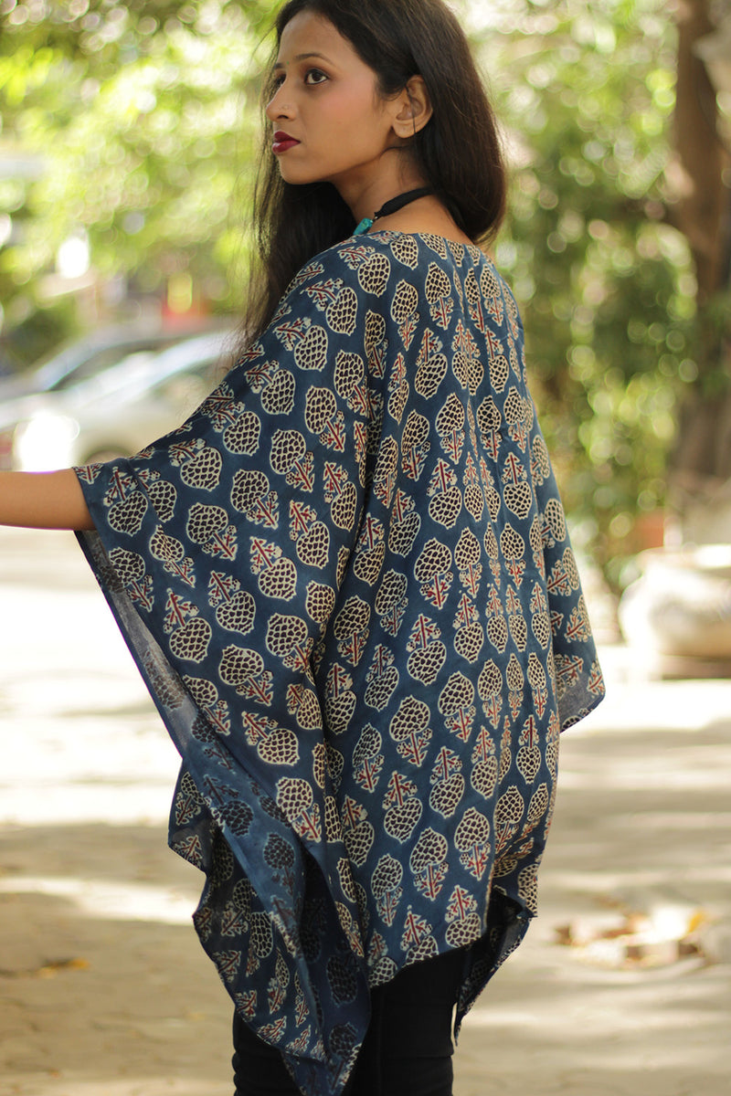 Taarini | Kaftan Modal Silk Top  | Indigo with Tulips Ajrakh