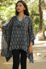 Taarini | Kaftan Modal Silk Top  | Indigo with Tulips Ajrakh