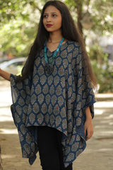 Taarini | Kaftan Modal Silk Top  | Indigo with Tulips Ajrakh