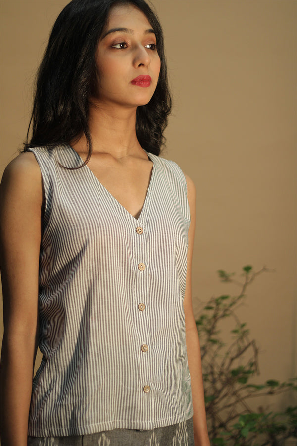 Front Buttoned Vest | Maheshwari Cotton-Silk | Grey Stripes