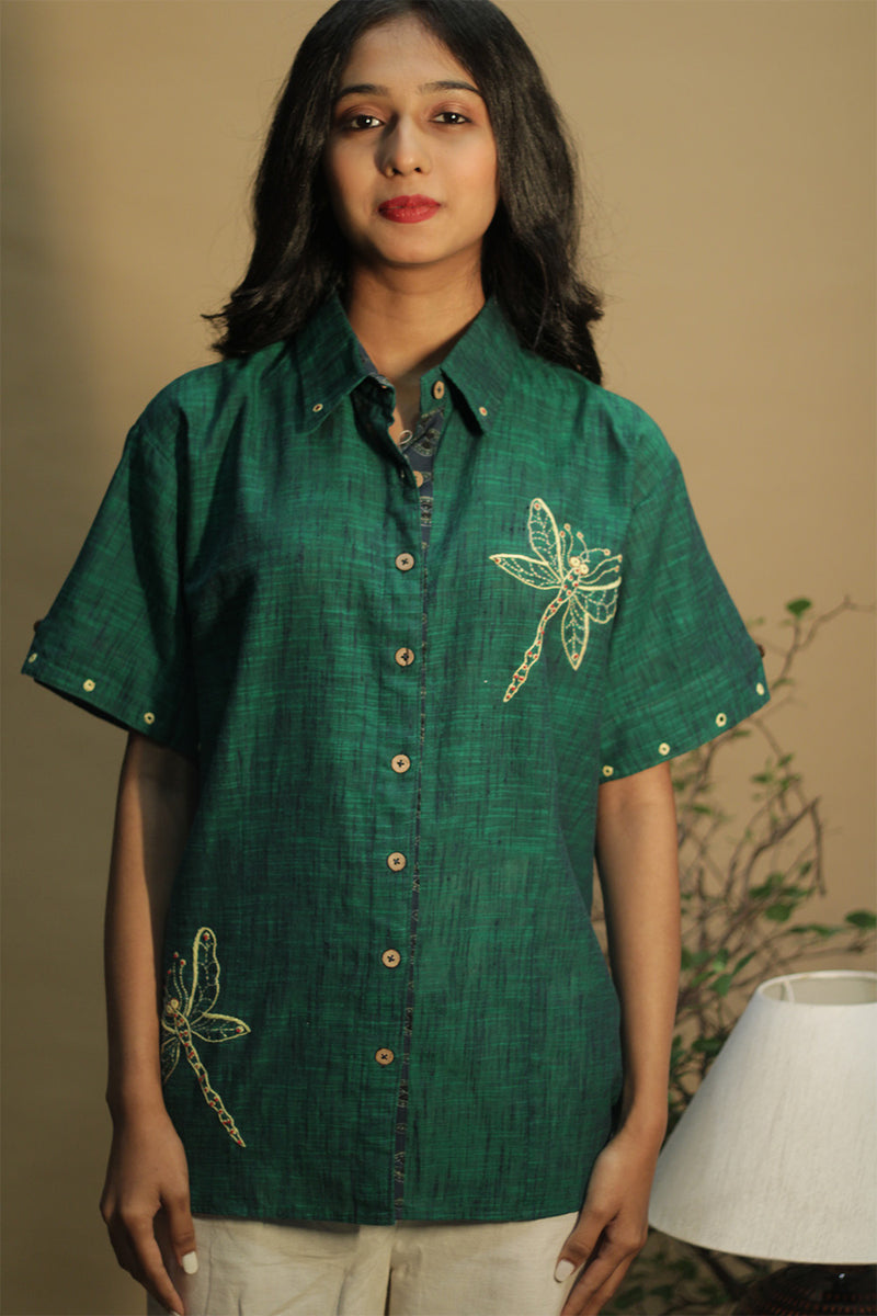 Ambrai | Embroidered Cotton Shirt | Green