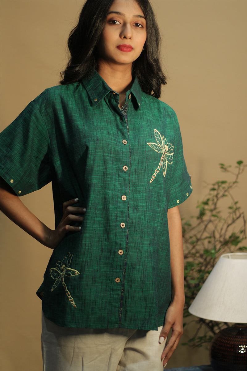 Ambrai | Embroidered Cotton Shirt | Green