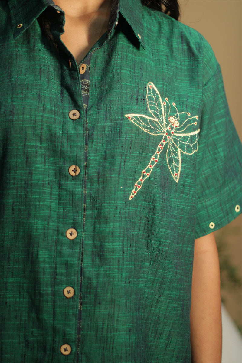 Ambrai | Embroidered Cotton Shirt | Green