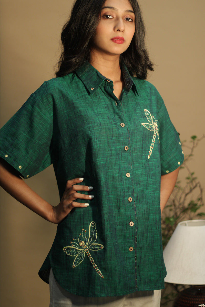 Ambrai | Embroidered Cotton Shirt | Green