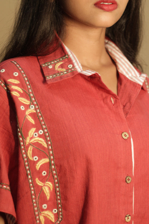 Ambrai | Embroidered Cotton Shirt | Red