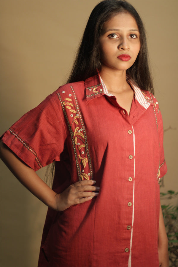 Ambrai | Embroidered Cotton Shirt | Red