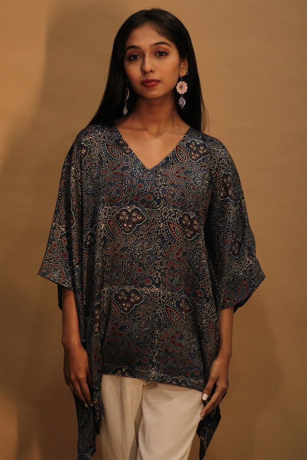 Taarini | Modal Silk Kaftan Top | Navy Ajrakh