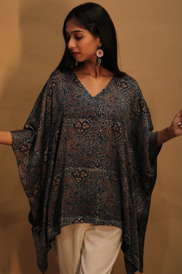 Taarini | Modal Silk Kaftan Top | Navy Ajrakh