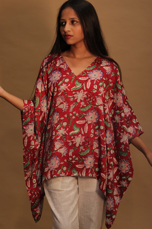 Taarini | Modal Silk Kaftan Top | Red Floral Sanganeri