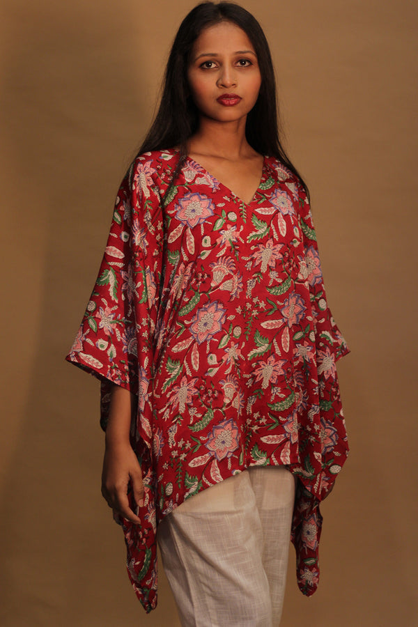 Taarini | Modal Silk Kaftan Top | Red Floral Sanganeri