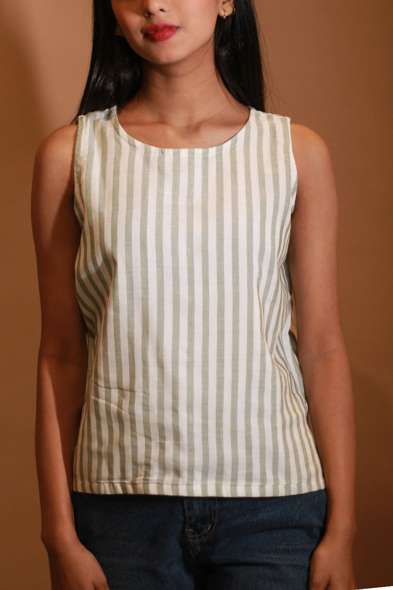 Prisha | Maheshwari Cotton Silk Top | Green Stripes