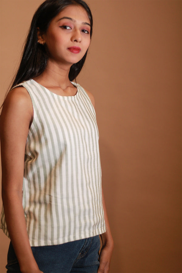 Prisha | Maheshwari Cotton Silk Top | Green Stripes