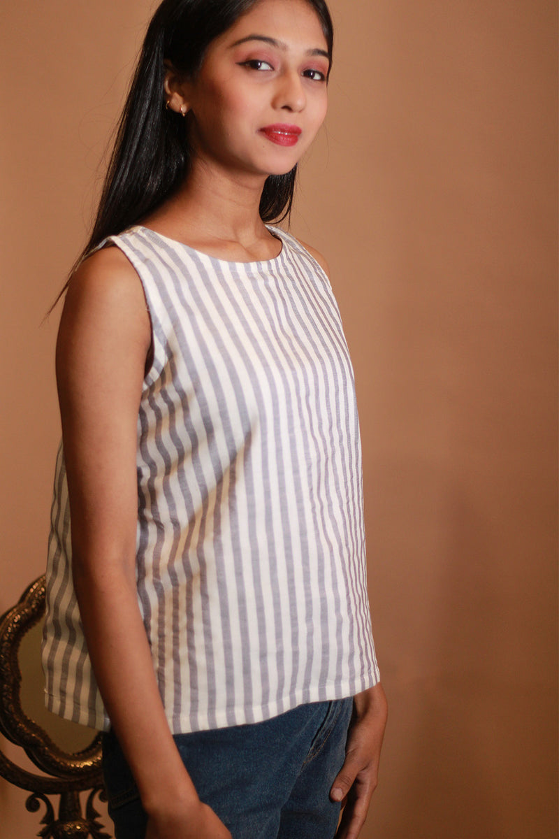 Prisha | Maheshwari Cotton Silk Top | Grey Stripes