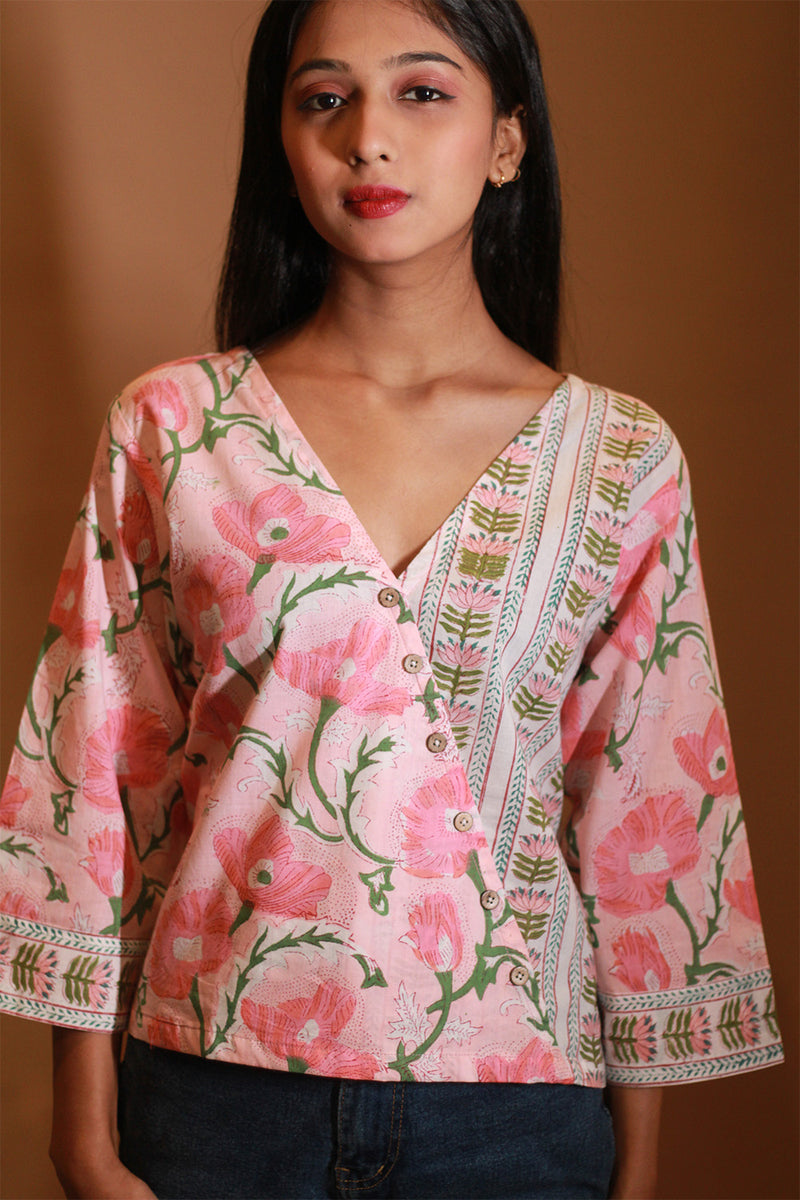 Mallika | Crossover Top | Pink  Sanganeri