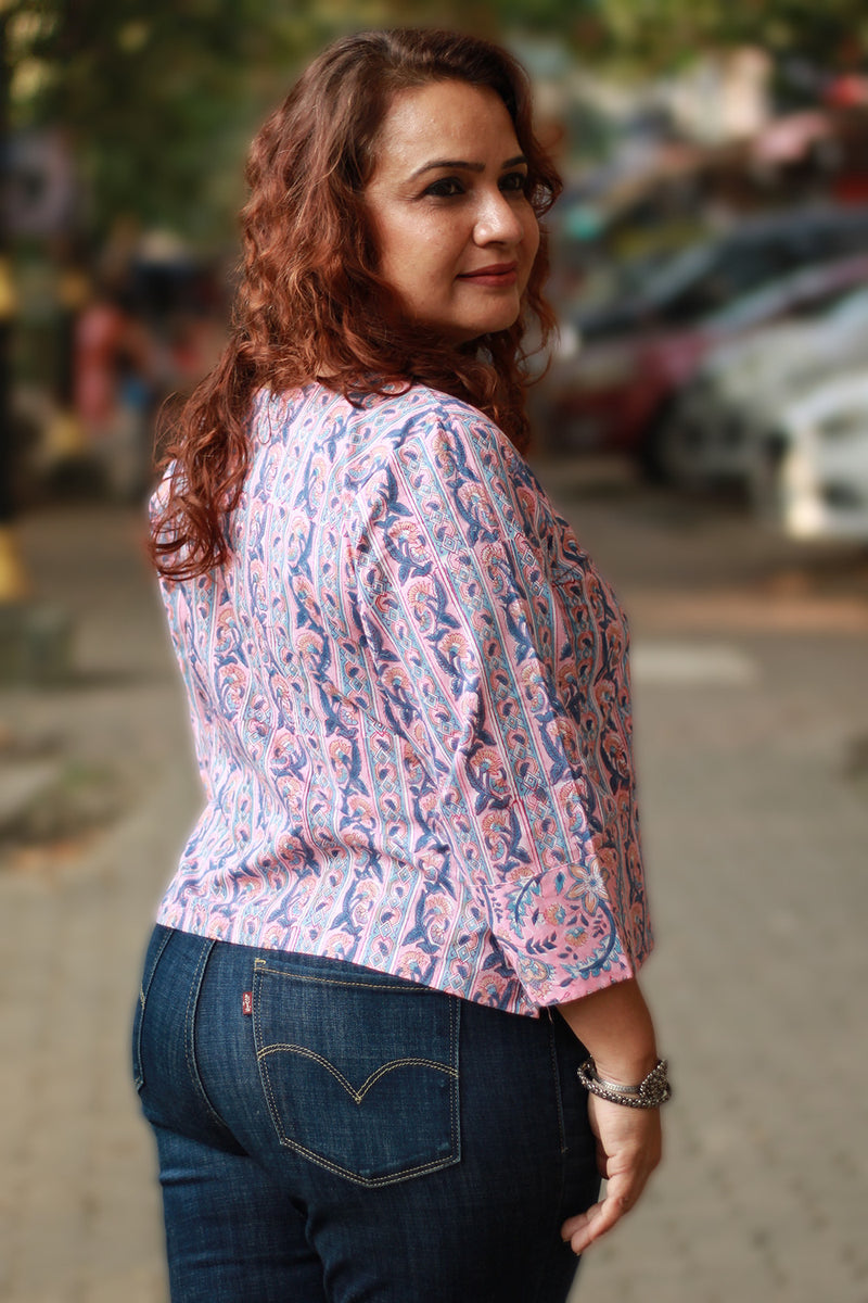 Mallika | Crossover Top | Striped Vines Sanganeri Pink