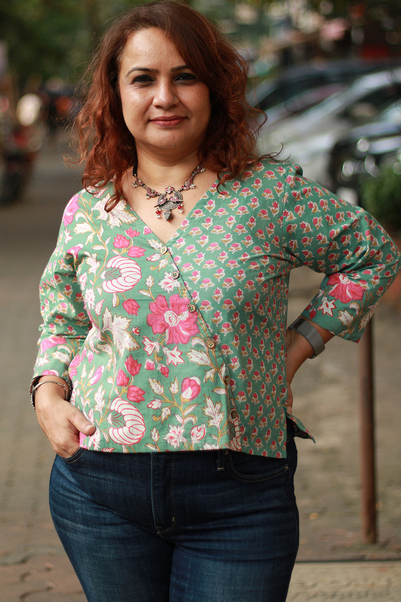 Mallika | Crossover Top | Blooms Sanganeri Sage Green