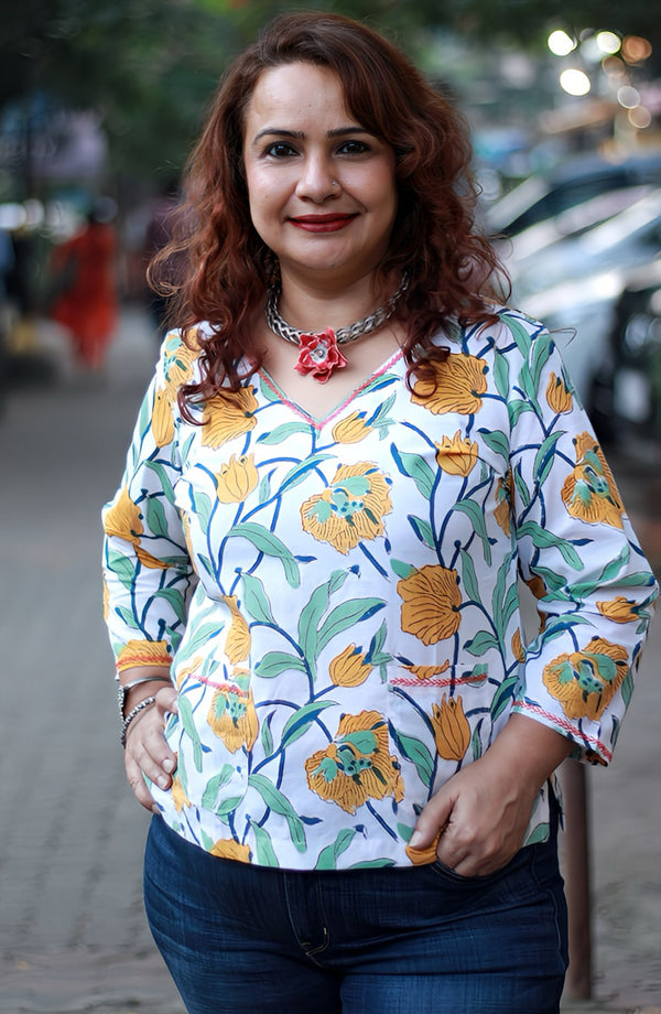 Champa | Cotton Top |  Yellow  & Green Blooms Sanganeri