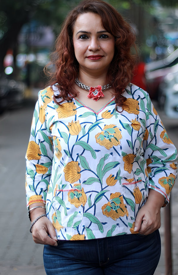 Champa | Cotton Top |  Yellow  & Green Blooms Sanganeri