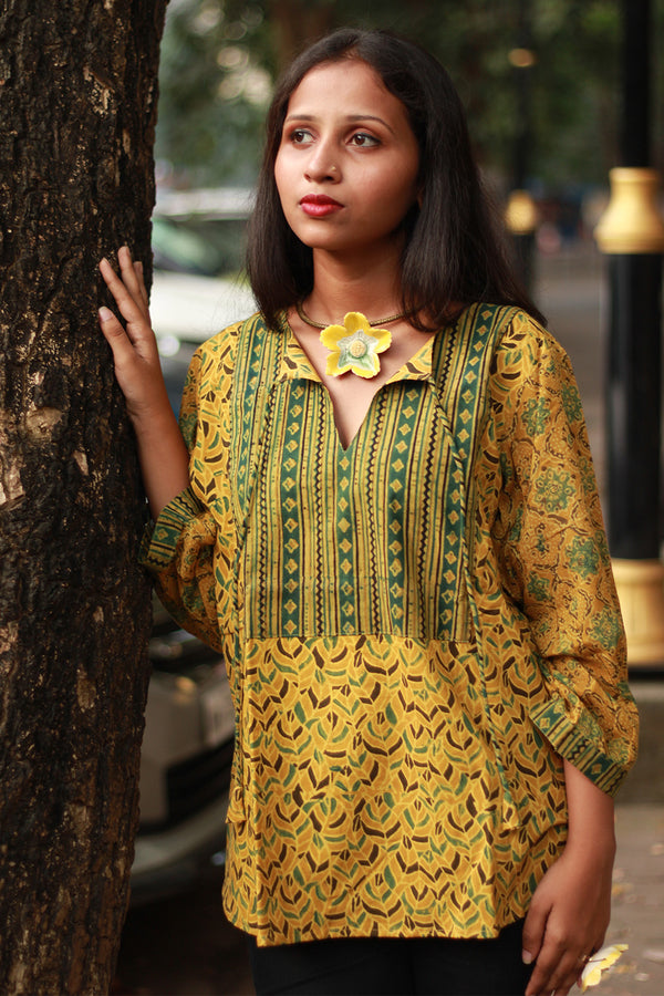 Saanjh | Cotton Top with Mul Sleeves | Mustard Leaves Ajrakh