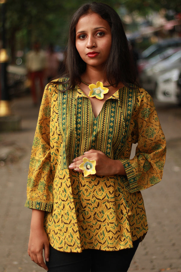 Saanjh | Cotton Top with Mul Sleeves | Mustard Leaves Ajrakh