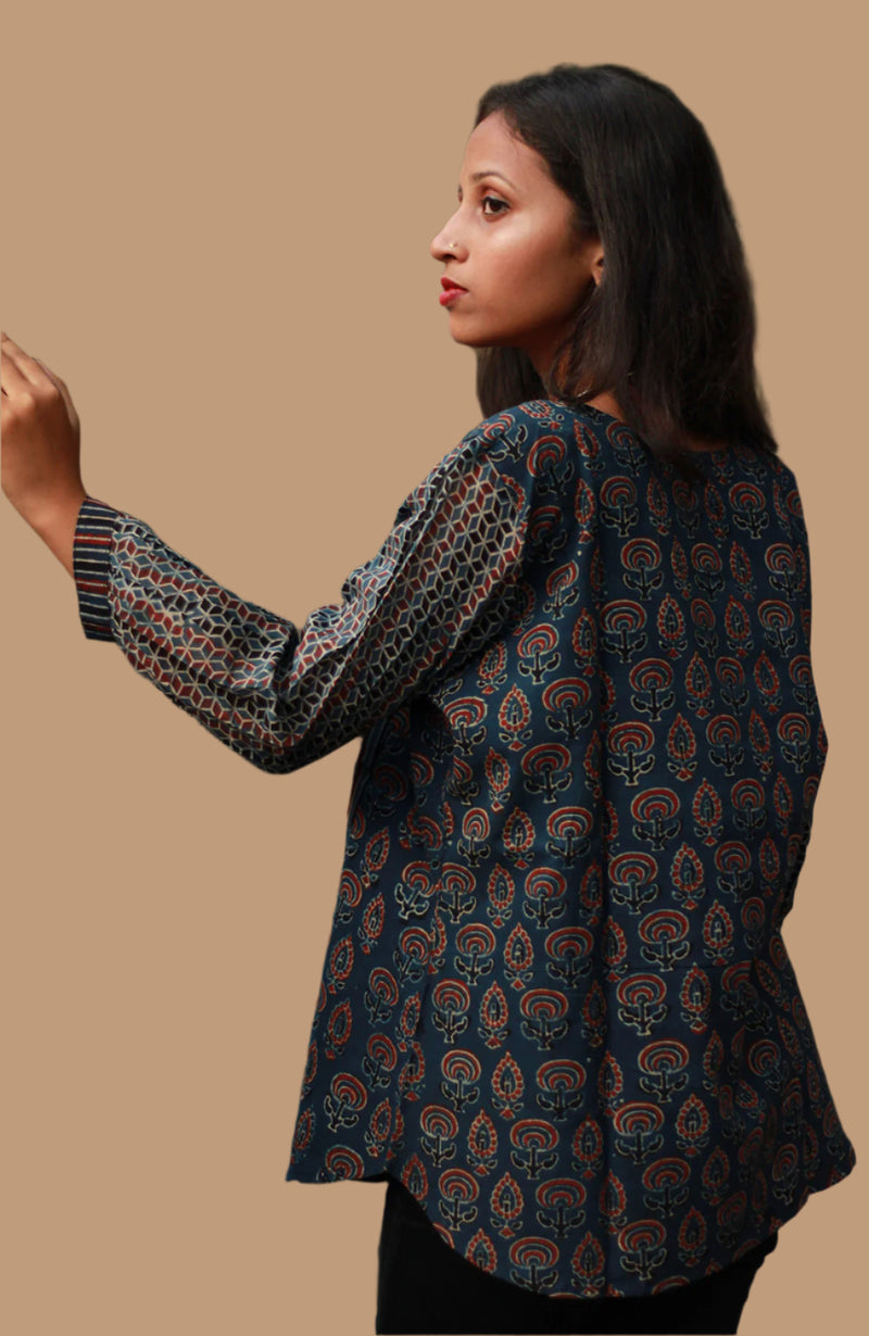 Saanjh | Cotton Top with Mul Sleeves | Indigo Prakriti Ajrakh