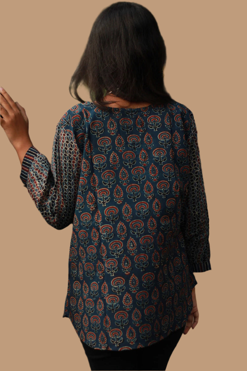 Saanjh | Cotton Top with Mul Sleeves | Indigo Prakriti Ajrakh