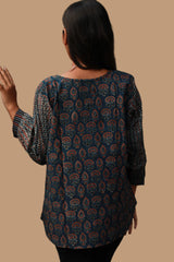 Saanjh | Cotton Top with Mul Sleeves | Indigo Prakriti Ajrakh