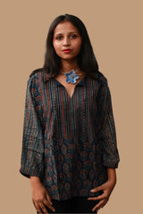 Saanjh | Cotton Top with Mul Sleeves | Indigo Prakriti Ajrakh