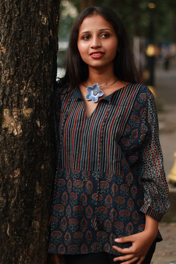 Saanjh | Cotton Top with Mul Sleeves | Indigo Prakriti Ajrakh